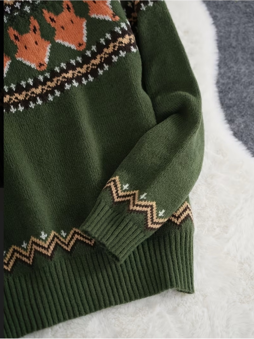 Woodland Fox Fair Isle Sweater | Forest Green Cozy Knit Pullover - Picture 5 of 13